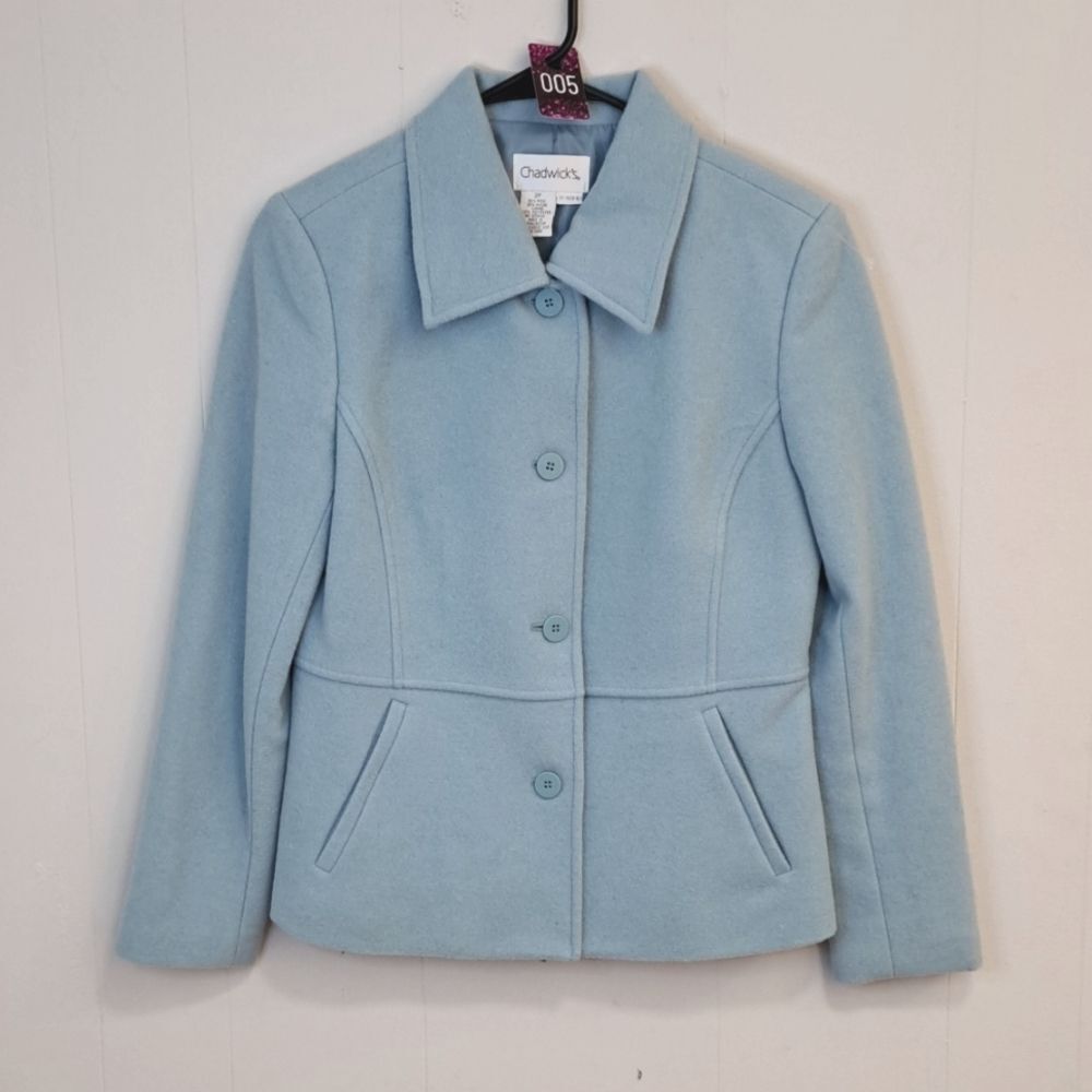 Chadwicks Baby Blue Wool Bussiness Jacket. Size 2 Petite NWOT